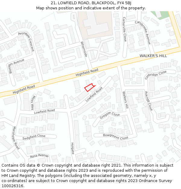 21, LOWFIELD ROAD, BLACKPOOL, FY4 5BJ: Location map and indicative extent of plot