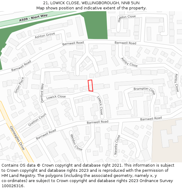 21, LOWICK CLOSE, WELLINGBOROUGH, NN8 5UN: Location map and indicative extent of plot