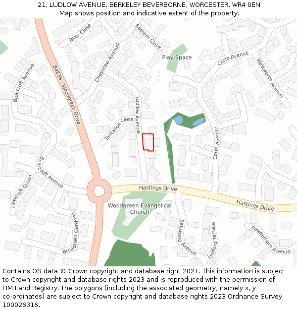 21, LUDLOW AVENUE, BERKELEY BEVERBORNE, WORCESTER, WR4 0EN: Location map and indicative extent of plot