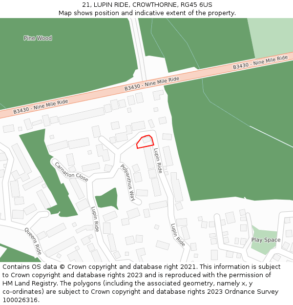 21, LUPIN RIDE, CROWTHORNE, RG45 6US: Location map and indicative extent of plot