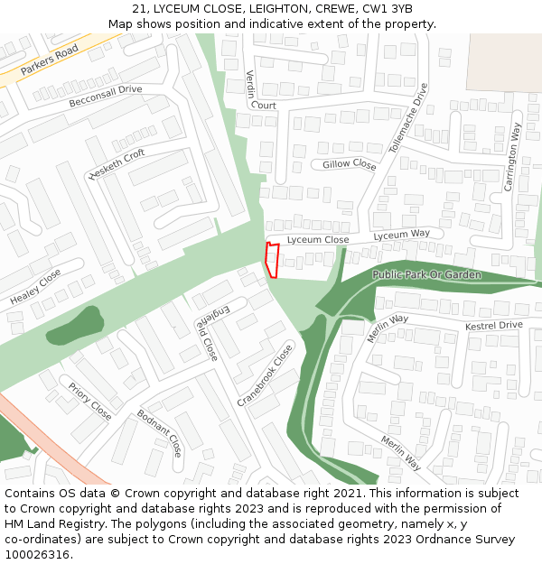 21, LYCEUM CLOSE, LEIGHTON, CREWE, CW1 3YB: Location map and indicative extent of plot