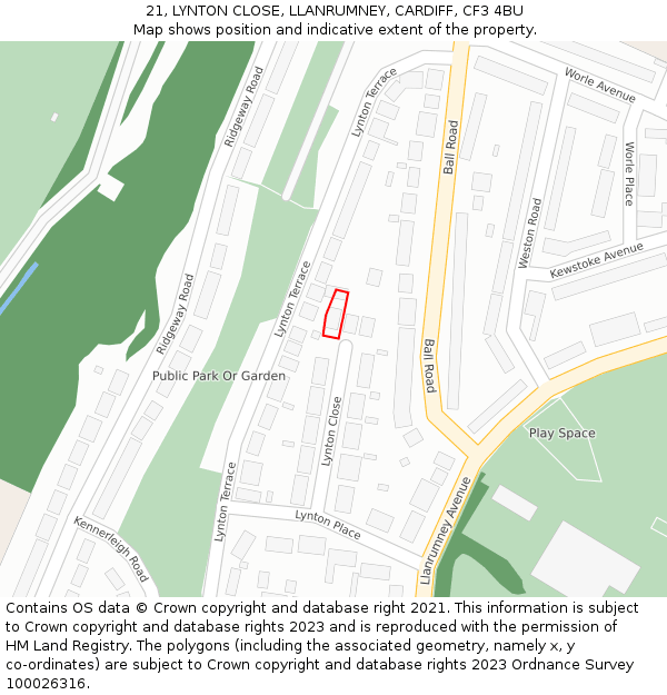 21, LYNTON CLOSE, LLANRUMNEY, CARDIFF, CF3 4BU: Location map and indicative extent of plot