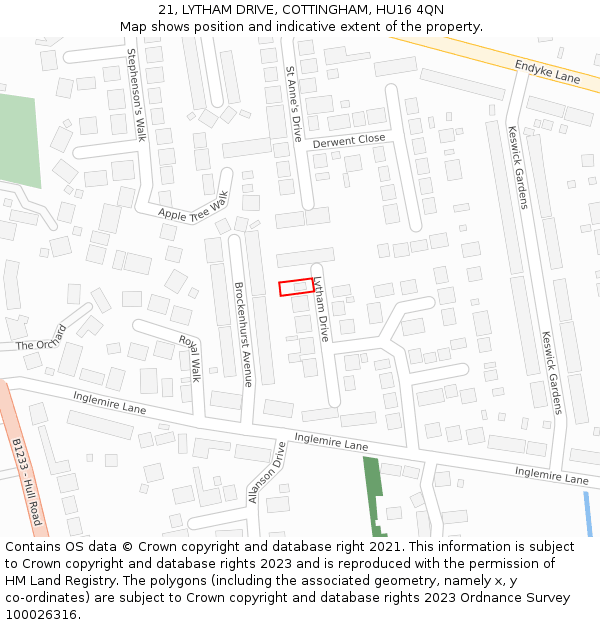 21, LYTHAM DRIVE, COTTINGHAM, HU16 4QN: Location map and indicative extent of plot