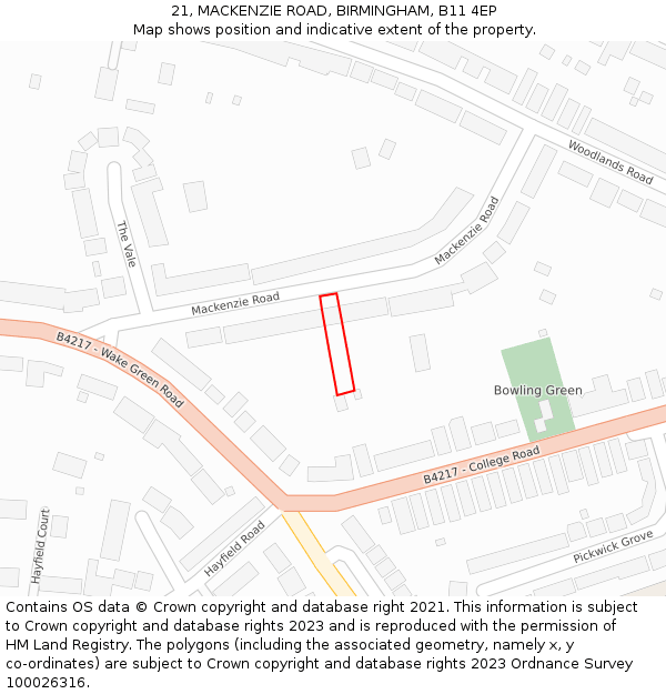 21, MACKENZIE ROAD, BIRMINGHAM, B11 4EP: Location map and indicative extent of plot