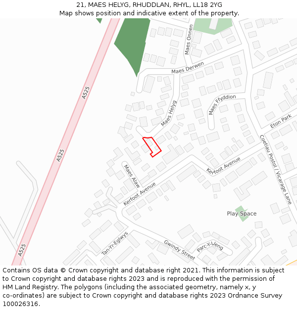 21, MAES HELYG, RHUDDLAN, RHYL, LL18 2YG: Location map and indicative extent of plot