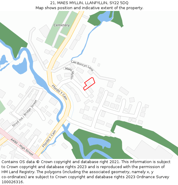 21, MAES MYLLIN, LLANFYLLIN, SY22 5DQ: Location map and indicative extent of plot