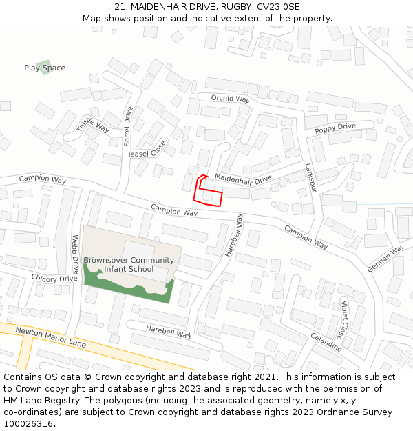 21, MAIDENHAIR DRIVE, RUGBY, CV23 0SE: Location map and indicative extent of plot