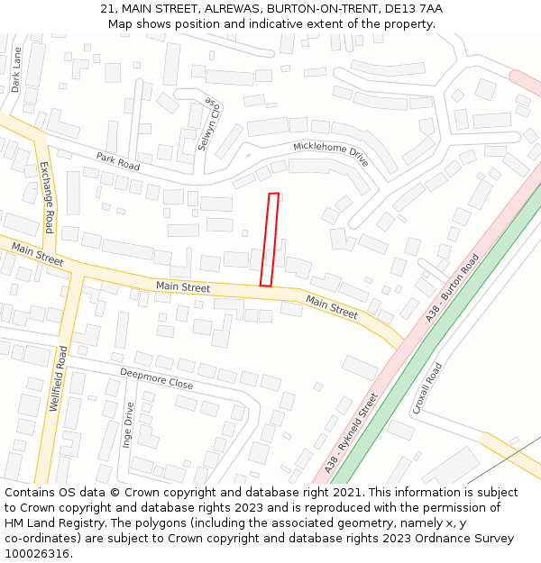 21, MAIN STREET, ALREWAS, BURTON-ON-TRENT, DE13 7AA: Location map and indicative extent of plot