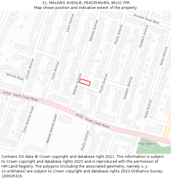 21, MALINES AVENUE, PEACEHAVEN, BN10 7PR: Location map and indicative extent of plot