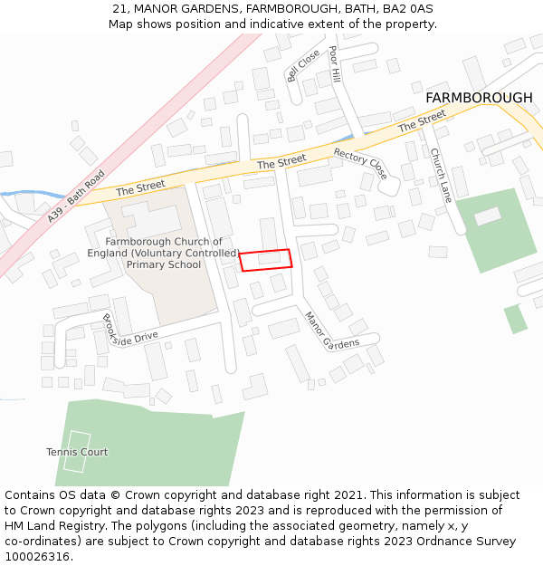 21, MANOR GARDENS, FARMBOROUGH, BATH, BA2 0AS: Location map and indicative extent of plot