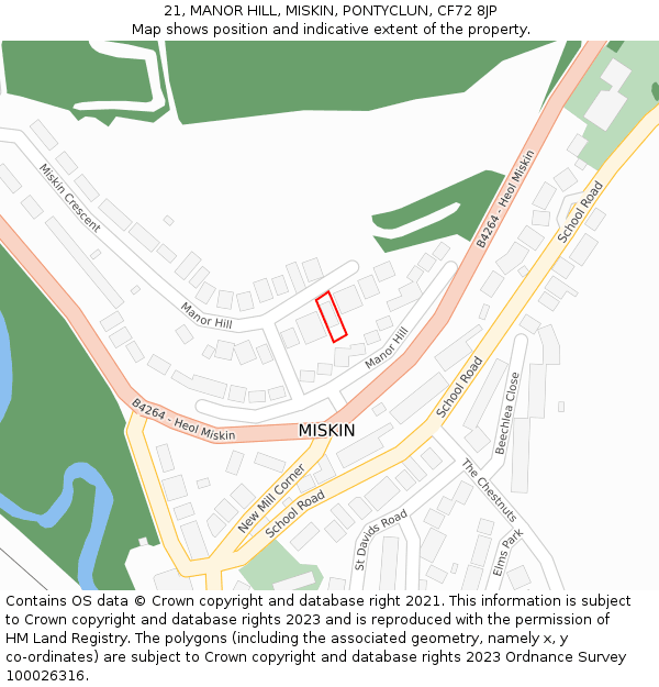 21, MANOR HILL, MISKIN, PONTYCLUN, CF72 8JP: Location map and indicative extent of plot