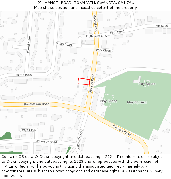 21, MANSEL ROAD, BONYMAEN, SWANSEA, SA1 7AU: Location map and indicative extent of plot