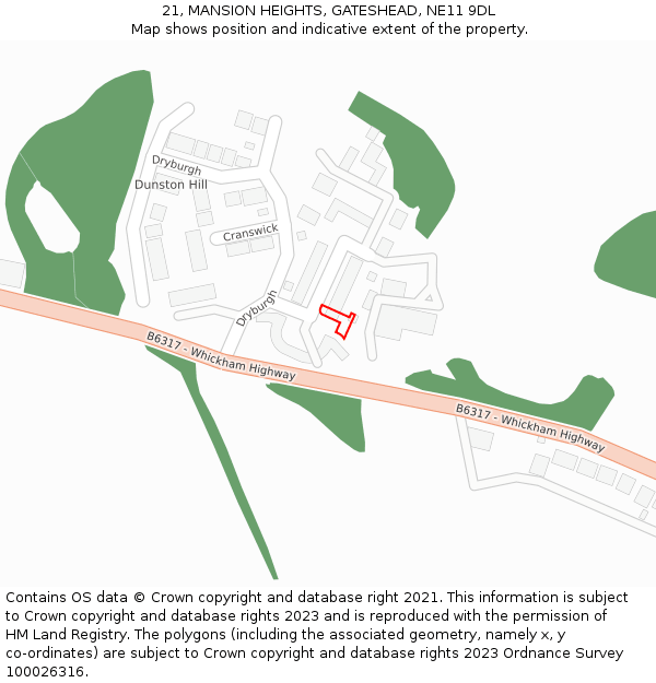 21, MANSION HEIGHTS, GATESHEAD, NE11 9DL: Location map and indicative extent of plot