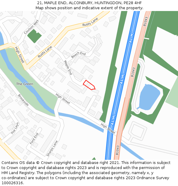 21, MAPLE END, ALCONBURY, HUNTINGDON, PE28 4HF: Location map and indicative extent of plot