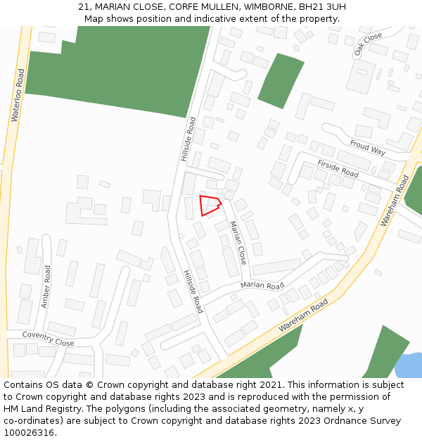 21, MARIAN CLOSE, CORFE MULLEN, WIMBORNE, BH21 3UH: Location map and indicative extent of plot