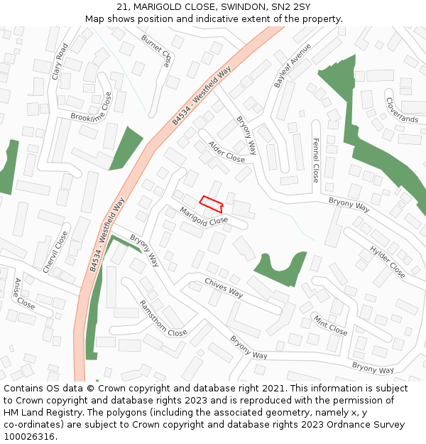 21, MARIGOLD CLOSE, SWINDON, SN2 2SY: Location map and indicative extent of plot