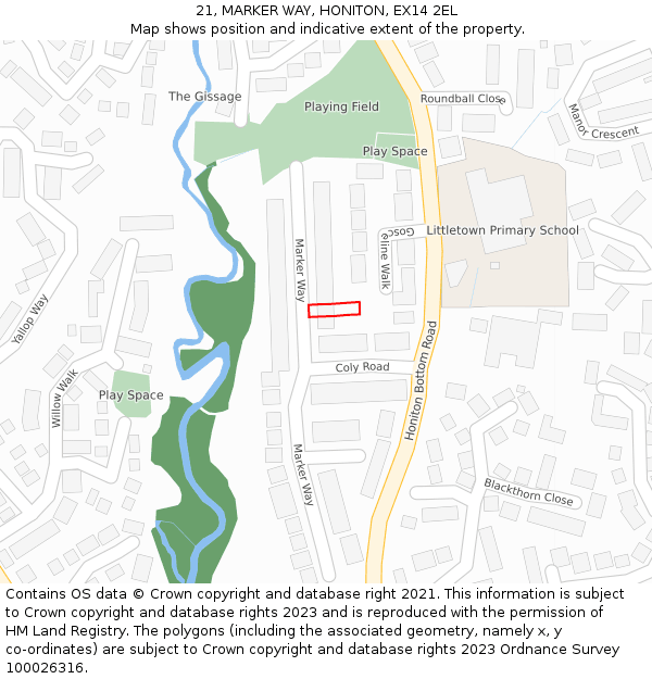 21, MARKER WAY, HONITON, EX14 2EL: Location map and indicative extent of plot