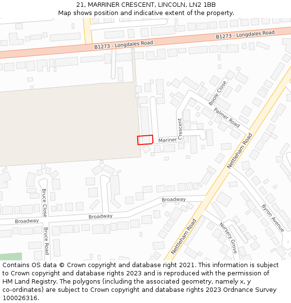 21, MARRINER CRESCENT, LINCOLN, LN2 1BB: Location map and indicative extent of plot