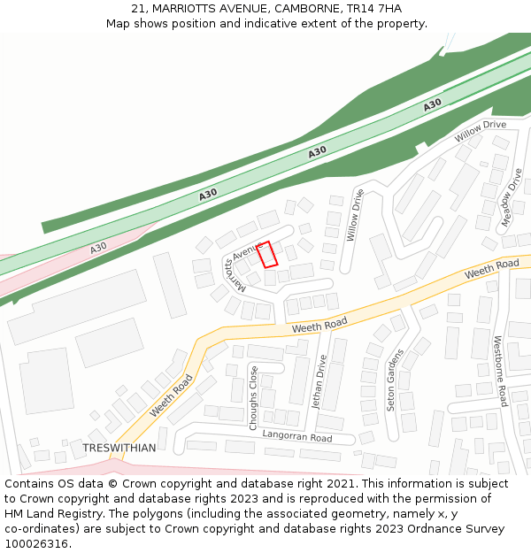 21, MARRIOTTS AVENUE, CAMBORNE, TR14 7HA: Location map and indicative extent of plot