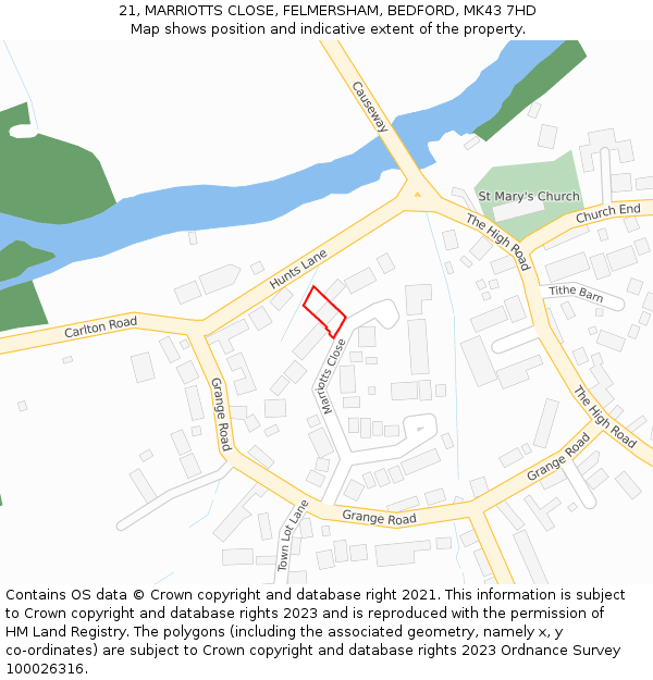 21, MARRIOTTS CLOSE, FELMERSHAM, BEDFORD, MK43 7HD: Location map and indicative extent of plot