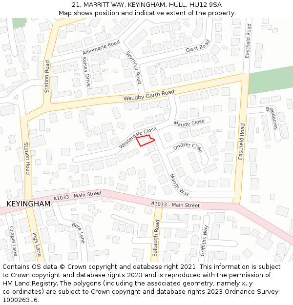 21, MARRITT WAY, KEYINGHAM, HULL, HU12 9SA: Location map and indicative extent of plot