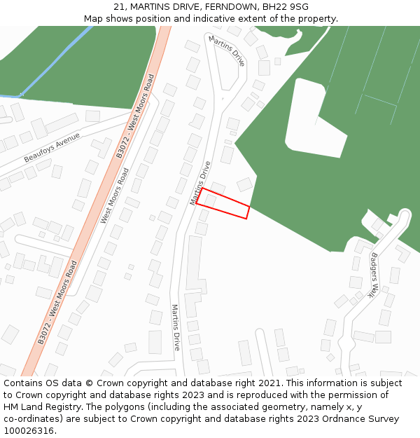 21, MARTINS DRIVE, FERNDOWN, BH22 9SG: Location map and indicative extent of plot