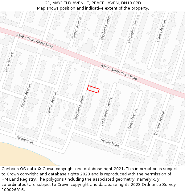 21, MAYFIELD AVENUE, PEACEHAVEN, BN10 8PB: Location map and indicative extent of plot