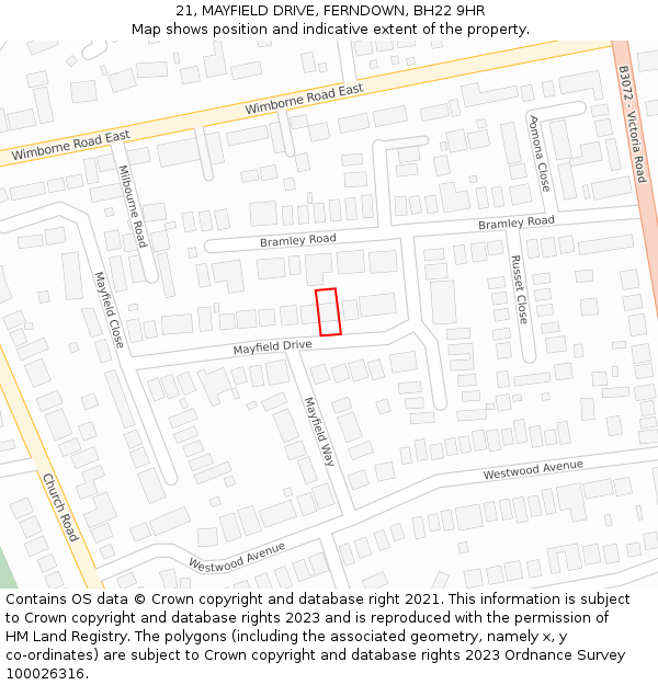 21, MAYFIELD DRIVE, FERNDOWN, BH22 9HR: Location map and indicative extent of plot