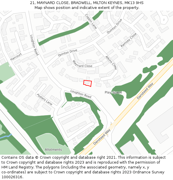 21, MAYNARD CLOSE, BRADWELL, MILTON KEYNES, MK13 9HS: Location map and indicative extent of plot