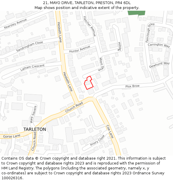 21, MAYO DRIVE, TARLETON, PRESTON, PR4 6DL: Location map and indicative extent of plot