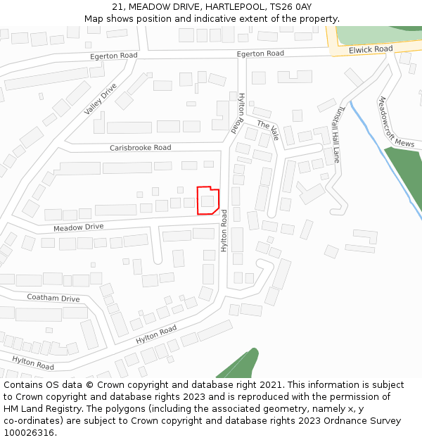 21, MEADOW DRIVE, HARTLEPOOL, TS26 0AY: Location map and indicative extent of plot
