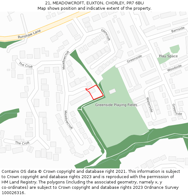 21, MEADOWCROFT, EUXTON, CHORLEY, PR7 6BU: Location map and indicative extent of plot