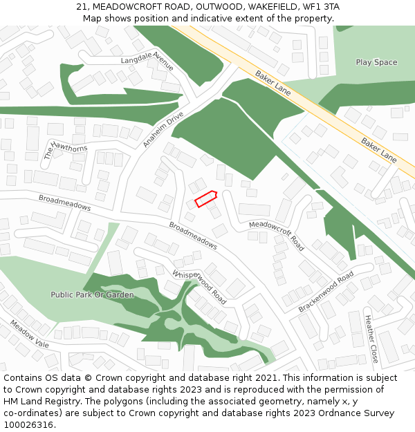 21, MEADOWCROFT ROAD, OUTWOOD, WAKEFIELD, WF1 3TA: Location map and indicative extent of plot