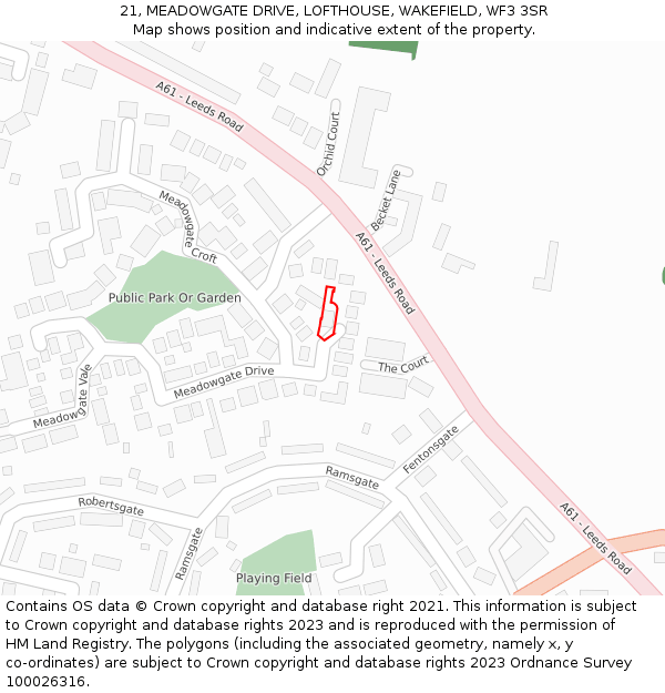 21, MEADOWGATE DRIVE, LOFTHOUSE, WAKEFIELD, WF3 3SR: Location map and indicative extent of plot