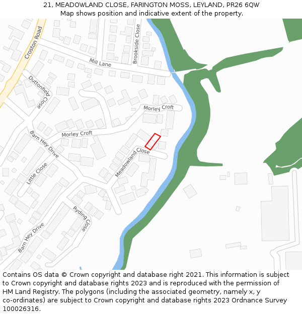 21, MEADOWLAND CLOSE, FARINGTON MOSS, LEYLAND, PR26 6QW: Location map and indicative extent of plot