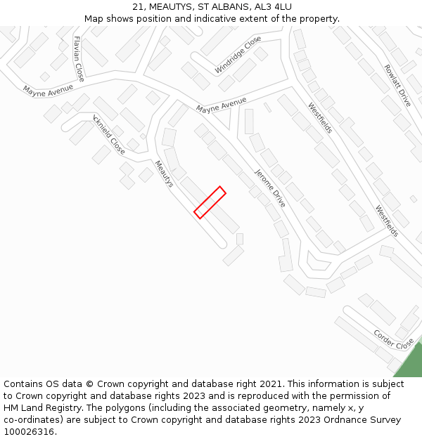 21, MEAUTYS, ST ALBANS, AL3 4LU: Location map and indicative extent of plot