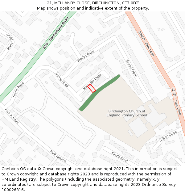 21, MELLANBY CLOSE, BIRCHINGTON, CT7 0BZ: Location map and indicative extent of plot