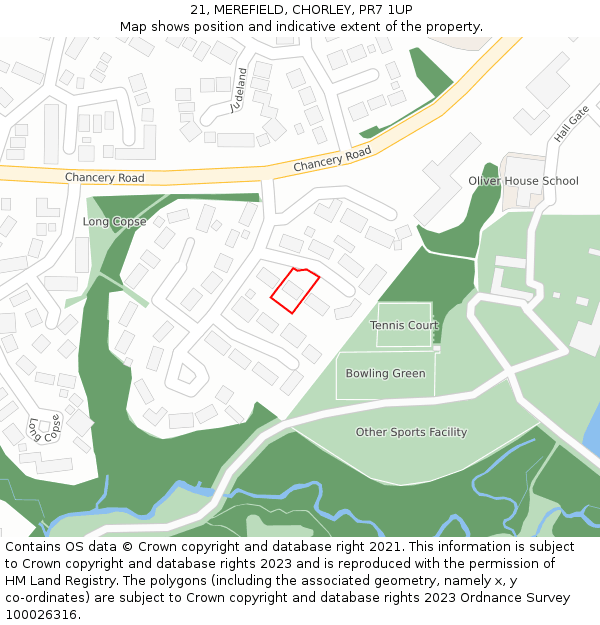 21, MEREFIELD, CHORLEY, PR7 1UP: Location map and indicative extent of plot