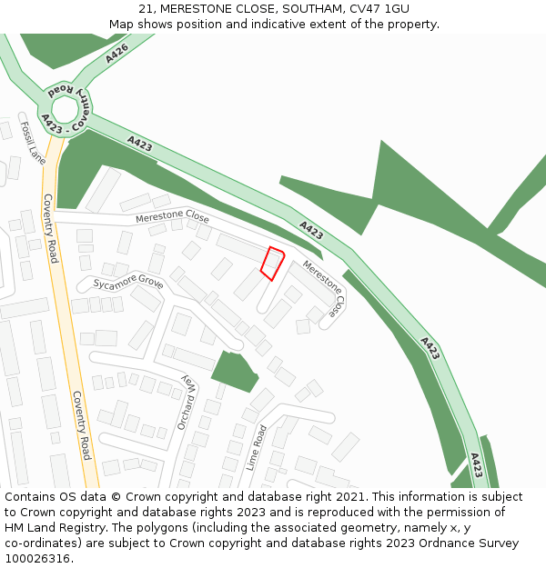 21, MERESTONE CLOSE, SOUTHAM, CV47 1GU: Location map and indicative extent of plot