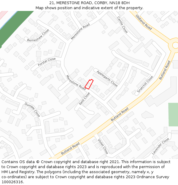 21, MERESTONE ROAD, CORBY, NN18 8DH: Location map and indicative extent of plot