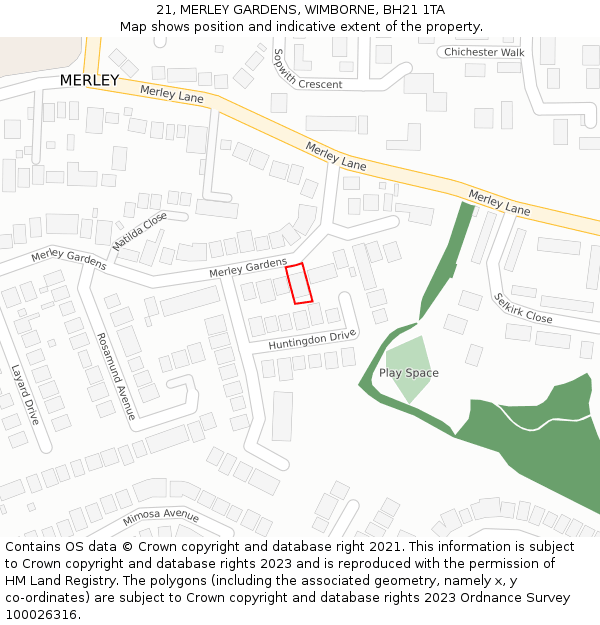 21, MERLEY GARDENS, WIMBORNE, BH21 1TA: Location map and indicative extent of plot