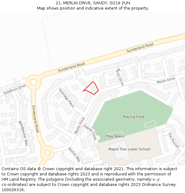 21, MERLIN DRIVE, SANDY, SG19 2UN: Location map and indicative extent of plot