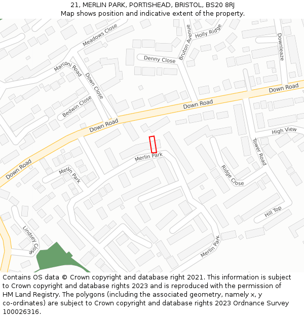 21, MERLIN PARK, PORTISHEAD, BRISTOL, BS20 8RJ: Location map and indicative extent of plot