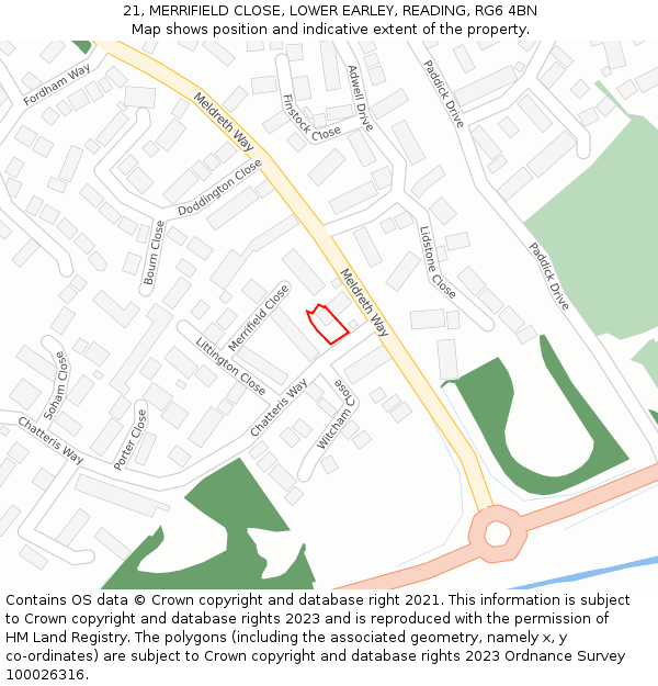 21, MERRIFIELD CLOSE, LOWER EARLEY, READING, RG6 4BN: Location map and indicative extent of plot