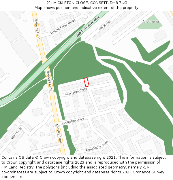 21, MICKLETON CLOSE, CONSETT, DH8 7UG: Location map and indicative extent of plot