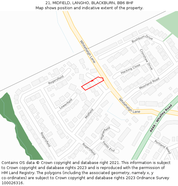21, MIDFIELD, LANGHO, BLACKBURN, BB6 8HF: Location map and indicative extent of plot