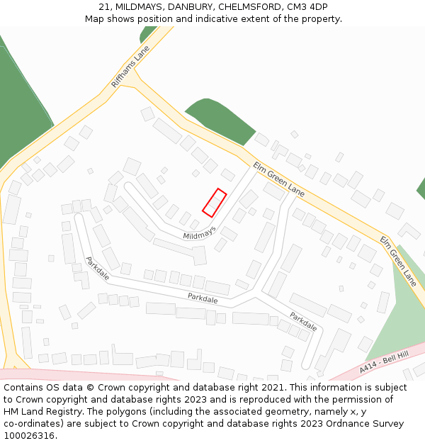 21, MILDMAYS, DANBURY, CHELMSFORD, CM3 4DP: Location map and indicative extent of plot