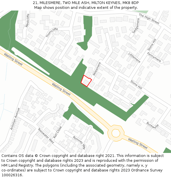 21, MILESMERE, TWO MILE ASH, MILTON KEYNES, MK8 8DP: Location map and indicative extent of plot