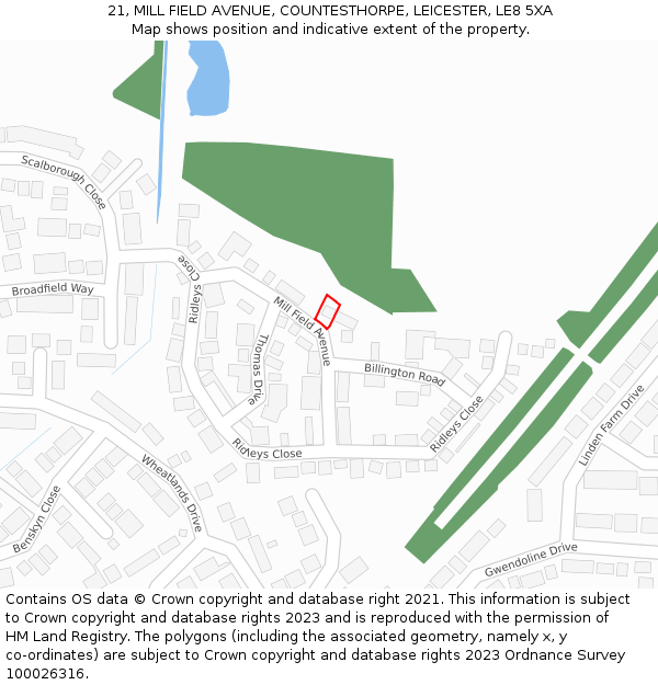21, MILL FIELD AVENUE, COUNTESTHORPE, LEICESTER, LE8 5XA: Location map and indicative extent of plot