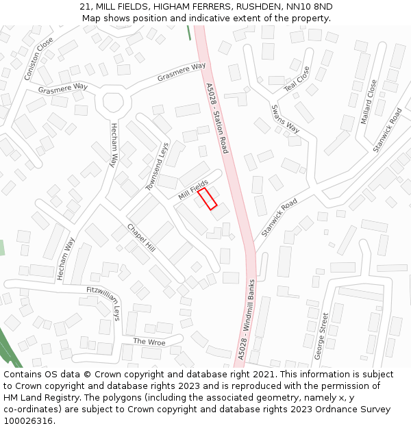 21, MILL FIELDS, HIGHAM FERRERS, RUSHDEN, NN10 8ND: Location map and indicative extent of plot
